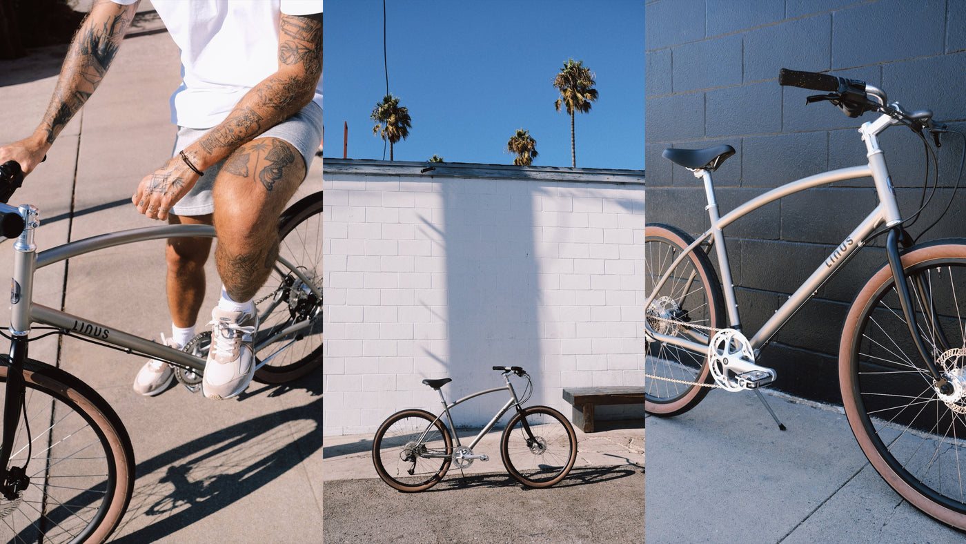 Linus bikes and accessories on sale, including step-through and diamond-frame models from the Heritage collection, offered at limited-time discounted pricing.